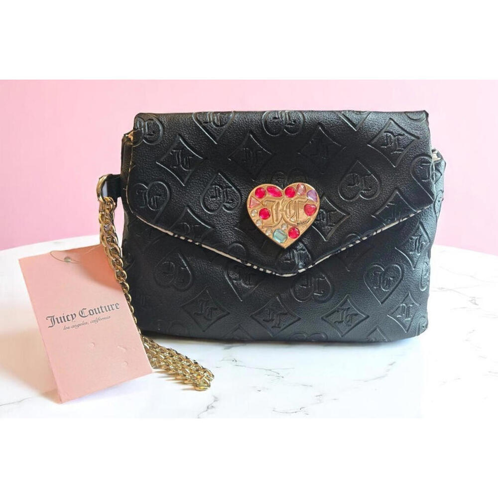 👜 Juicy Couture Black Embossed Wristlet Purse with Heart Clasp Gold Chain NWT